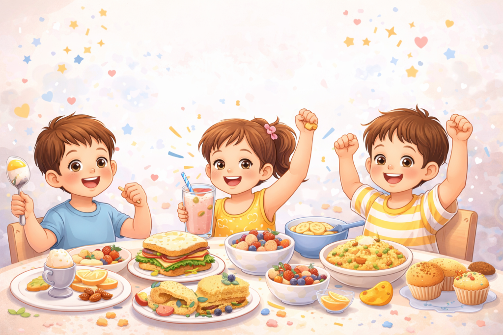 Adorable cartoon kids sitting at a breakfast table filled with healthy food, fruits, sandwiches, juice, and snacks while smiling happily.