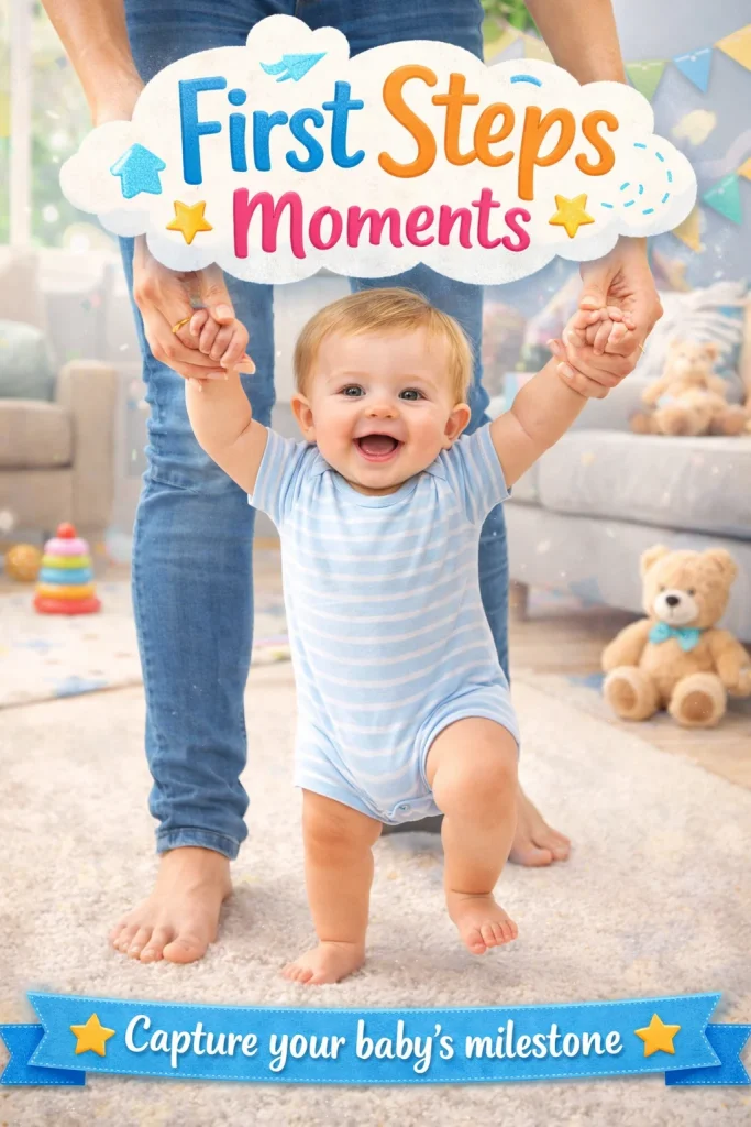 A joyful toddler boy in a blue and white striped onesie taking his first steps, held securely by his mother's hands in a sunlit living room.