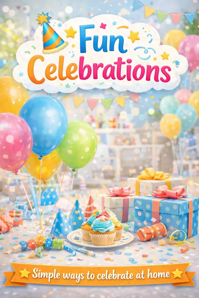 A festive birthday celebration setup featuring a plate of blue-frosted cupcakes, colorful balloons in blue, pink, and yellow, and wrapped gift boxes in a sunlit room.