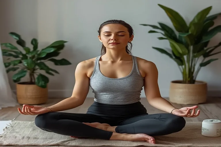 A young woman sitting in a lotus pose on a yoga mat, eyes closed in deep meditation, in a bright, minimalist room with green plants in the background.