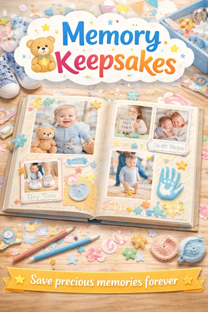 An open baby memory book on a wooden table, featuring photos of infants, a blue handprint keepsake, and text overlays like "Tiny Toes" and "First Steps," surrounded by crafting supplies and stickers.