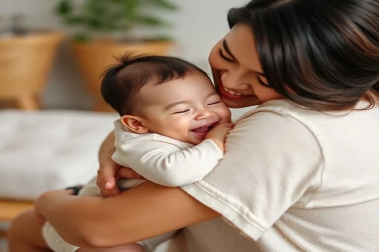 Close-up shot of a smiling mother gently cuddling and hugging her laughing baby, showing a tender and joyful bonding moment.