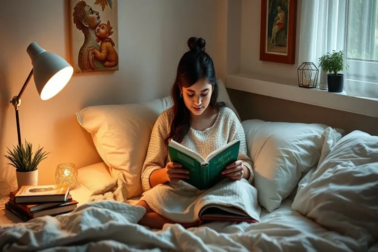 A young woman sitting in a cozy bed with white linens, focused on reading a book under the warm glow of a bedside lamp in a dimly lit, serene bedroom.