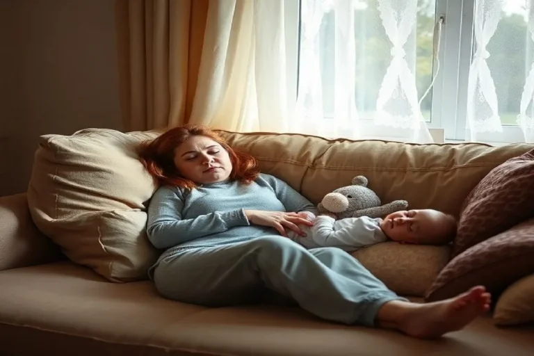 A young mother in a grey sweater resting her head on a sofa cushion, gently touching her sleeping baby who is lying next to her in a bright, sunlit room.