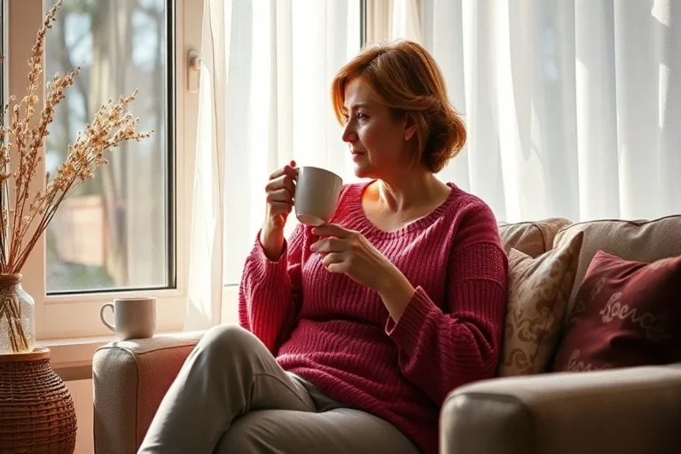 A young woman in a pink sweater sitting on a comfortable sofa, holding a white ceramic mug and looking thoughtfully out a sunlit window.