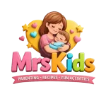 MrsKids official logo featuring a cartoon illustration of a smiling mother hugging her baby, set against a yellow heart background with blue and pink hearts, and the text "MrsKids: Parenting, Recipes, Fun Activities.