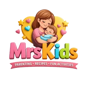 MrsKids official logo featuring a cartoon illustration of a smiling mother hugging her baby, set against a yellow heart background with blue and pink hearts, and the text "MrsKids: Parenting, Recipes, Fun Activities.