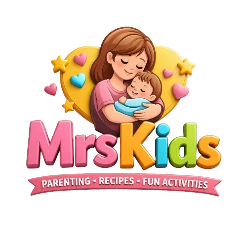MrsKids official logo featuring a cartoon illustration of a smiling mother hugging her baby, set against a yellow heart background with blue and pink hearts, and the text "MrsKids: Parenting, Recipes, Fun Activities.
