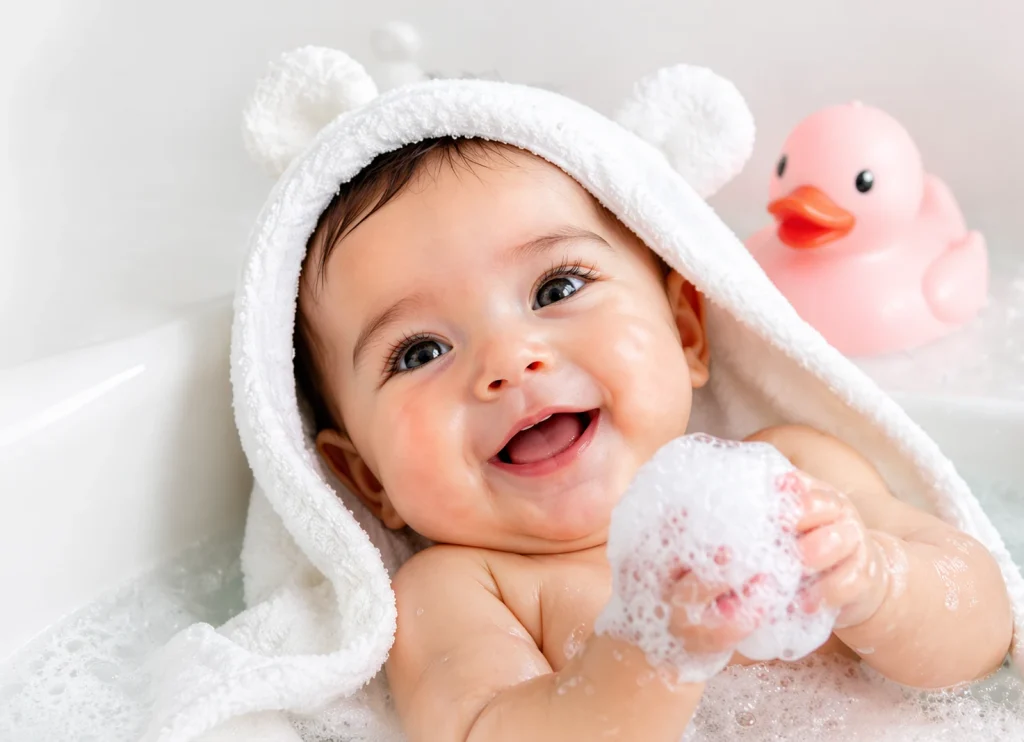 Smiling baby enjoying bath with bubbles and white towel holding foam