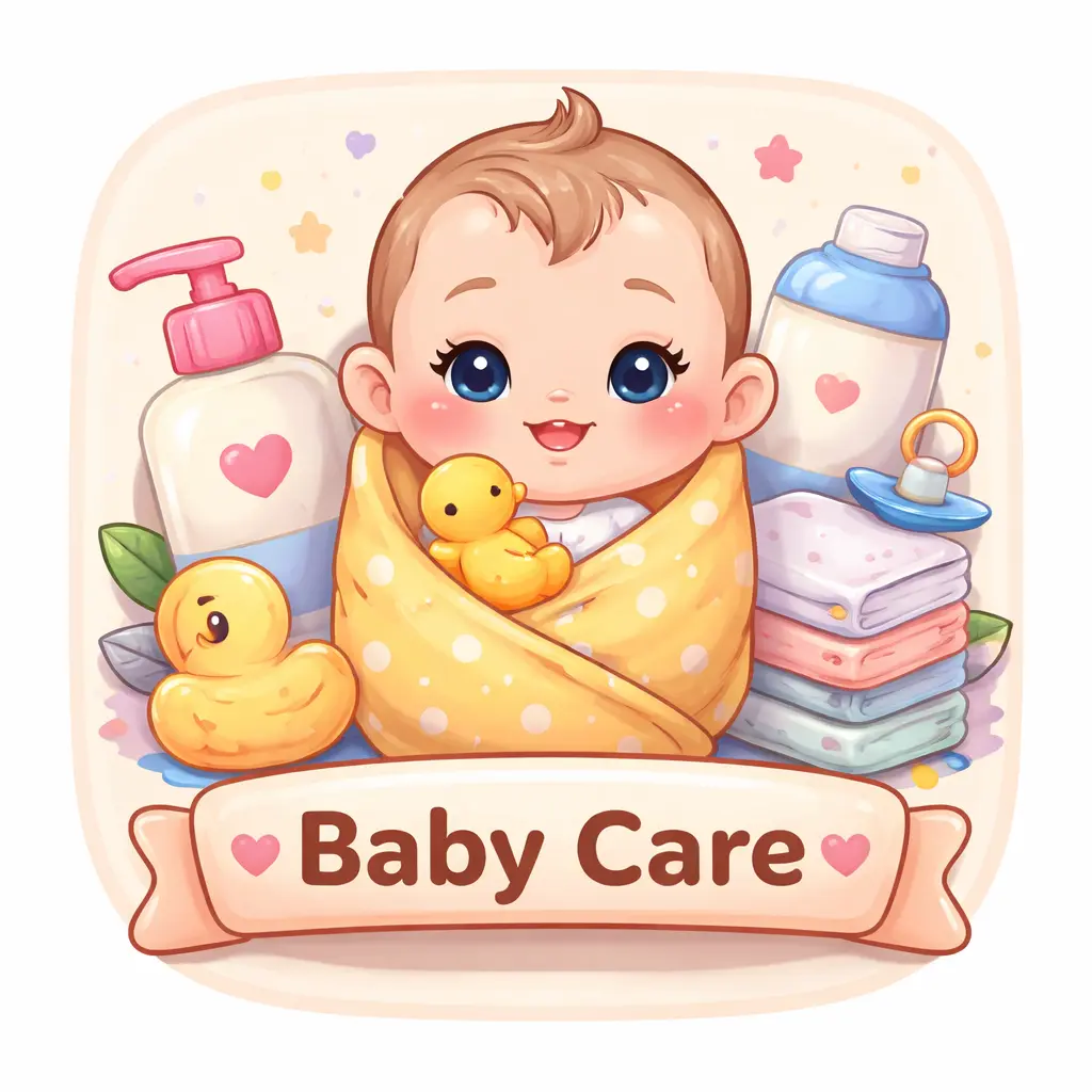 Cute baby wrapped in blanket with baby care essentials like lotion, bottle, pacifier, towels, and toys