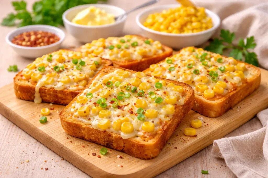 Cheese corn toast recipe with melted cheese, sweet corn, and herbs served on crispy bread slices