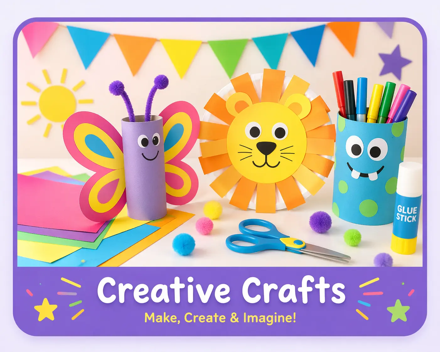 Colorful creative crafts for kids including paper butterfly, lion craft and DIY art materials