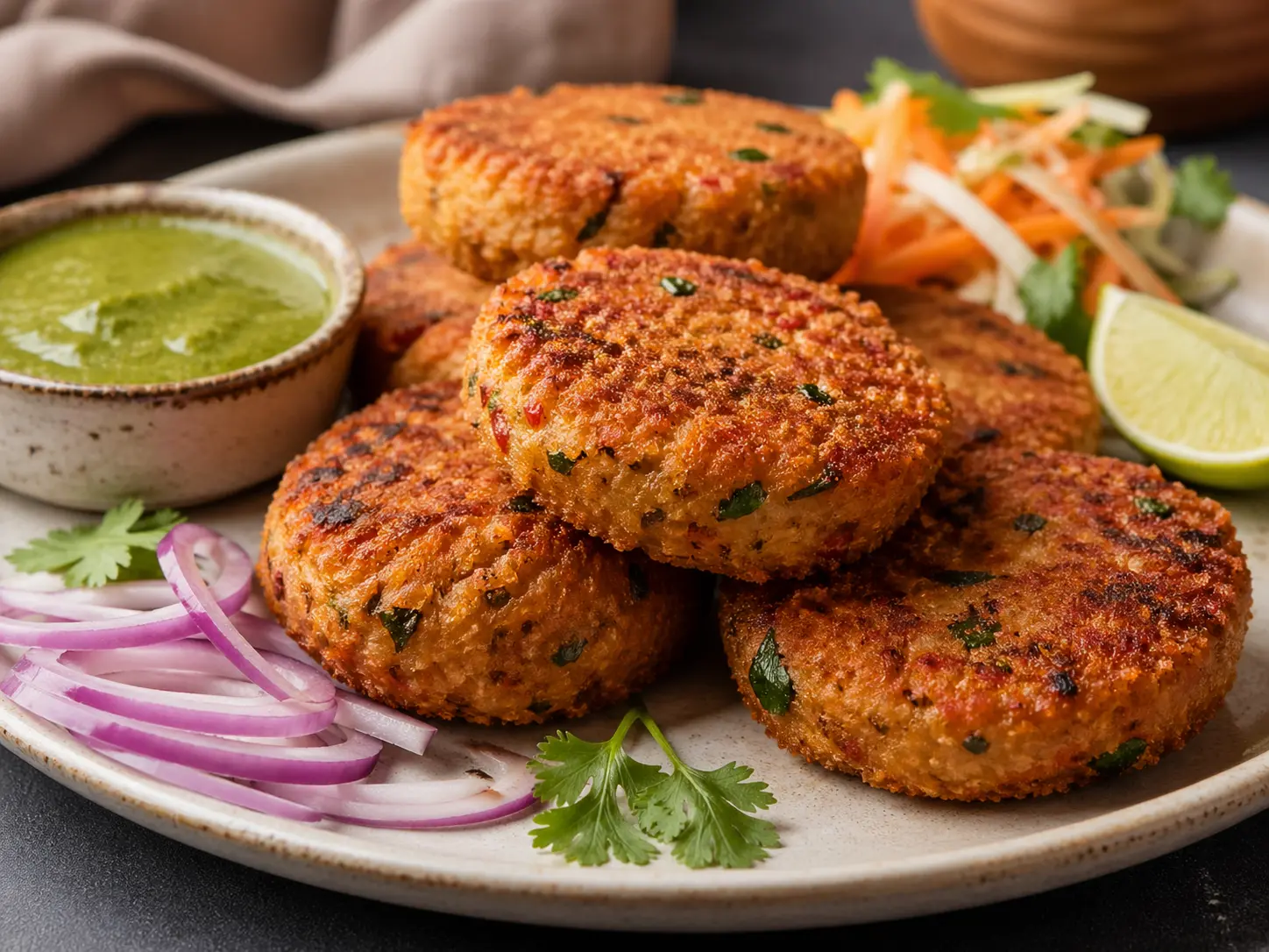 Crunchy healthy soya chaap cutlets served with green chutney, onion slices, and fresh salad on a plate.