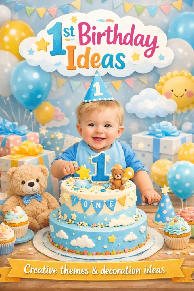 A cheerful toddler boy sitting behind a two-tier blue and white cloud-themed birthday cake, surrounded by blue and yellow balloons, gifts, and a teddy bear.