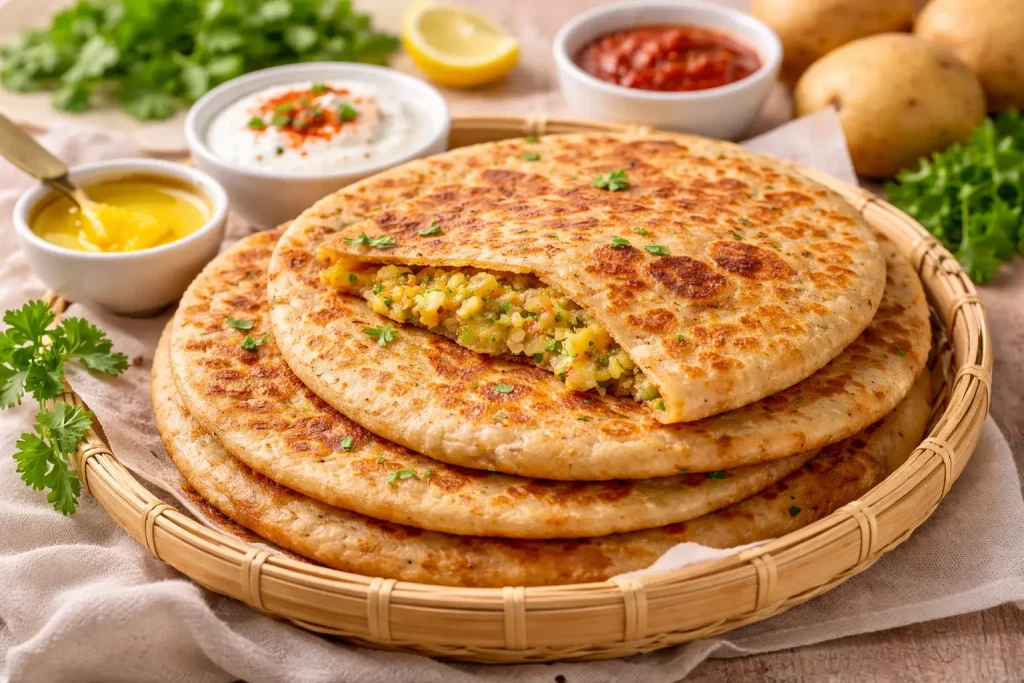 Stack of golden-brown aloo parathas in a wicker basket, served with bowls of creamy yogurt, spicy red chutney, and melted ghee on a rustic table.