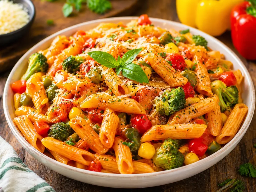 Healthy homemade veggie pasta with colorful vegetables, penne pasta, tomato sauce, and herbs served in a bowl.