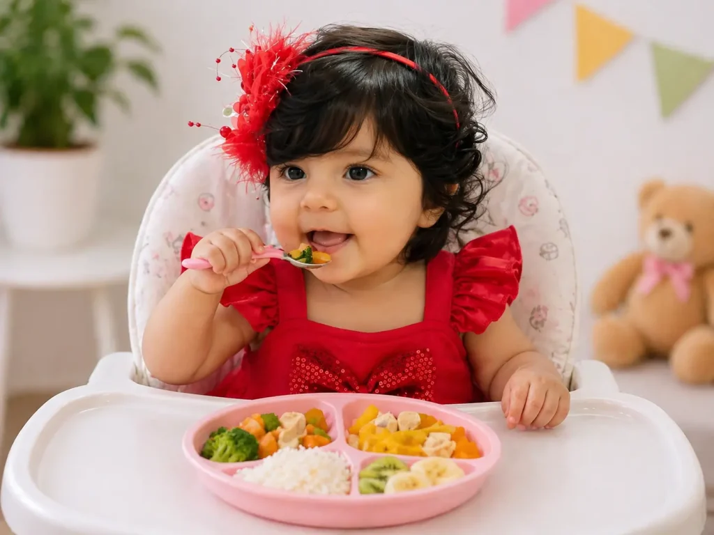 Indian baby girl eating healthy homemade food with vegetables and fruits – simple recipes for kids