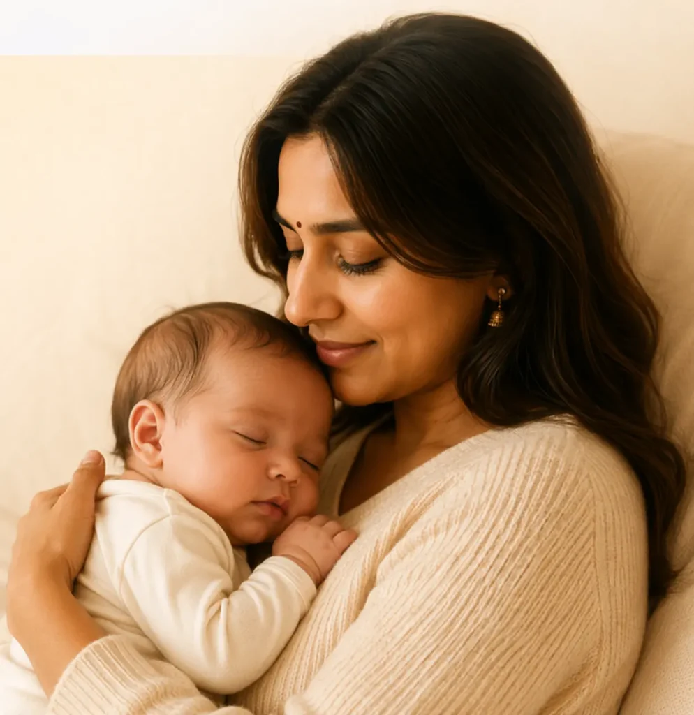 Indian mother lovingly hugging her sleeping newborn baby in soft natural light