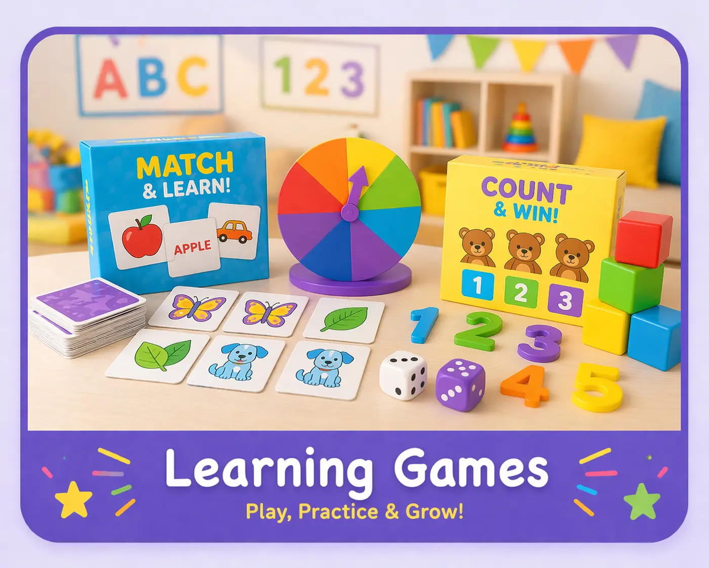 Learning games for kids with counting numbers, matching cards and educational toys