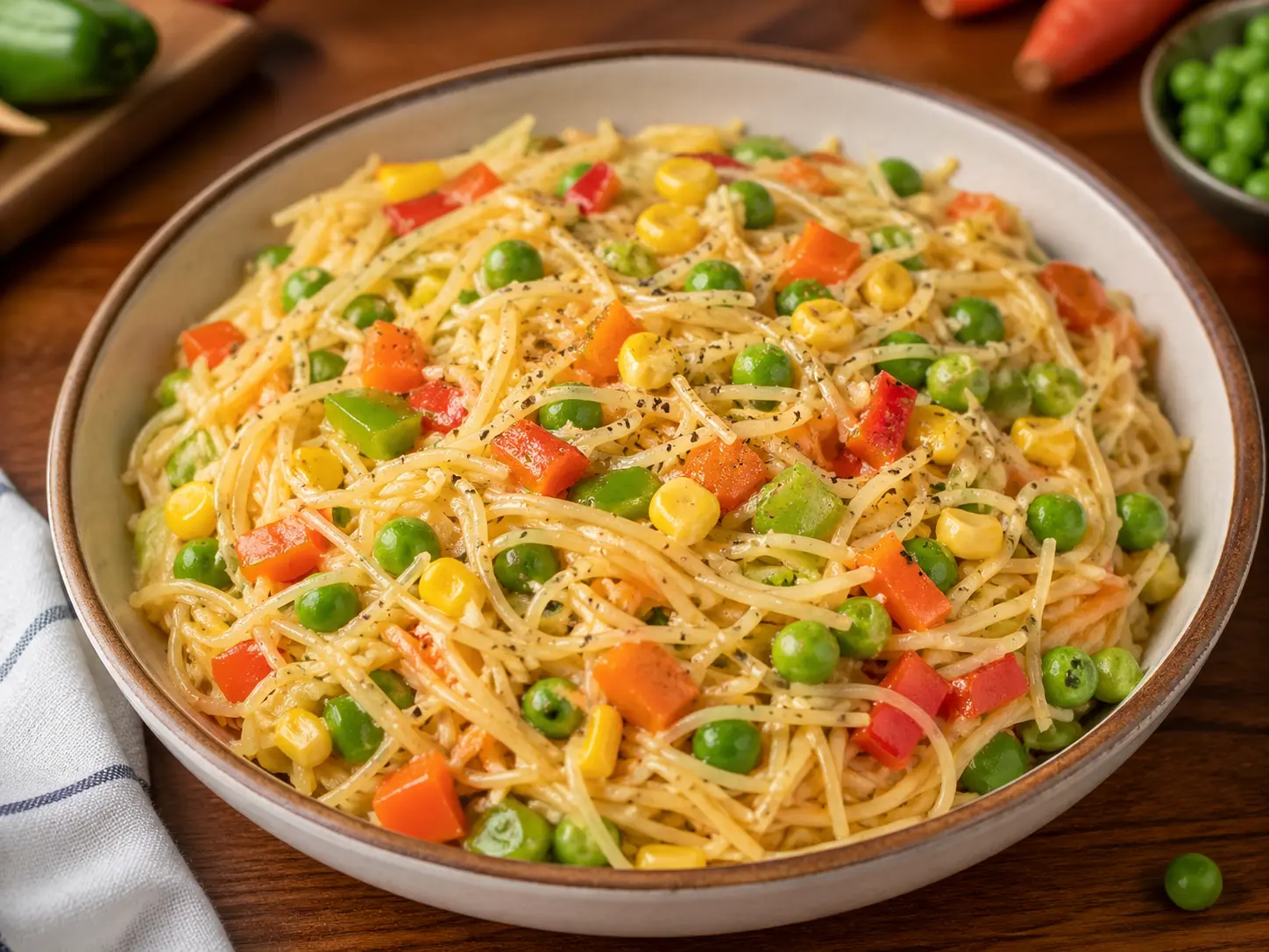 Colorful vegetable vermicelli recipe for kids served in a bowl with peas, corn, carrots, and capsicum.