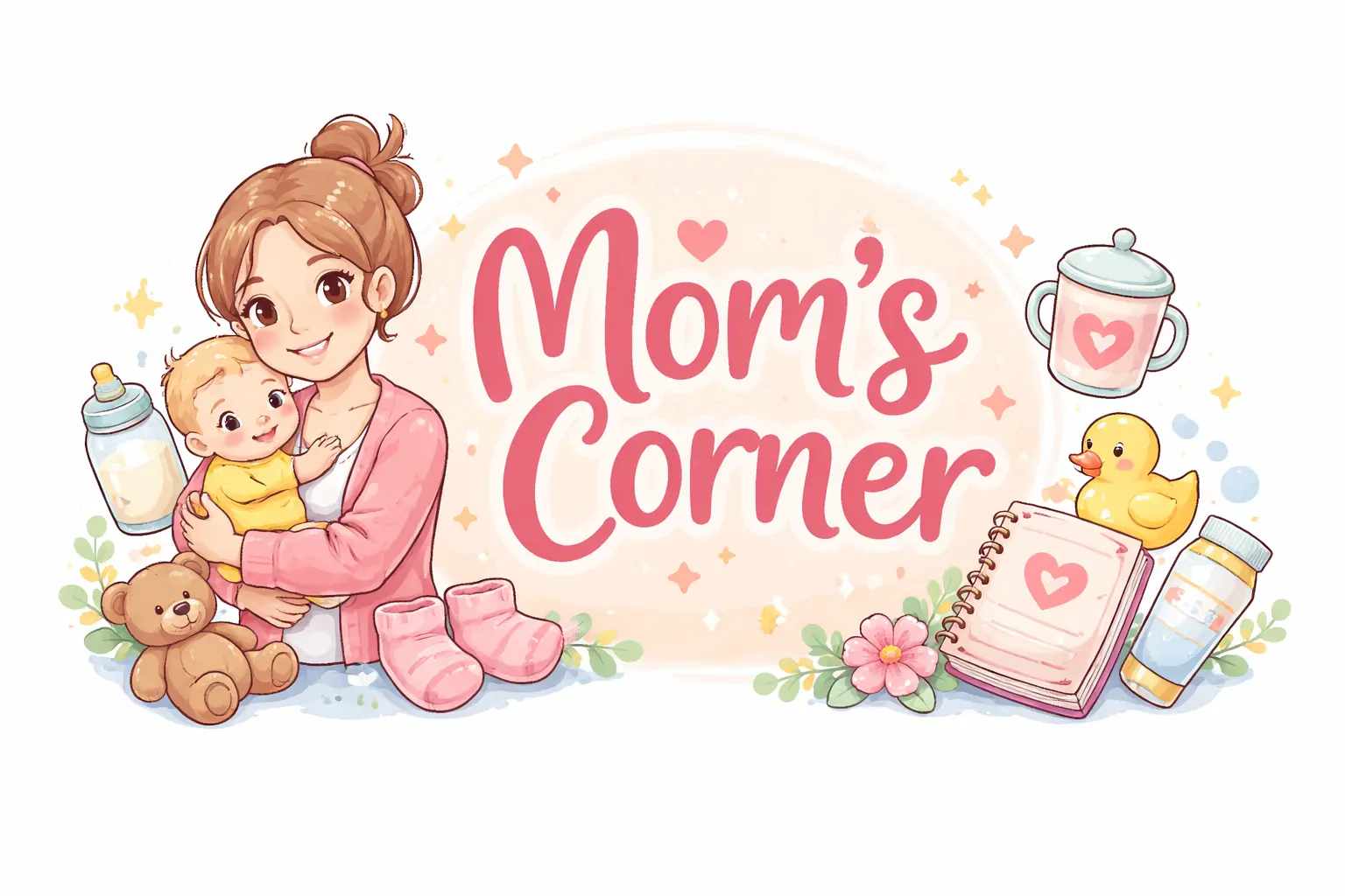Mom’s corner with mother holding baby and baby care essentials like bottle, toys, notebook and baby products