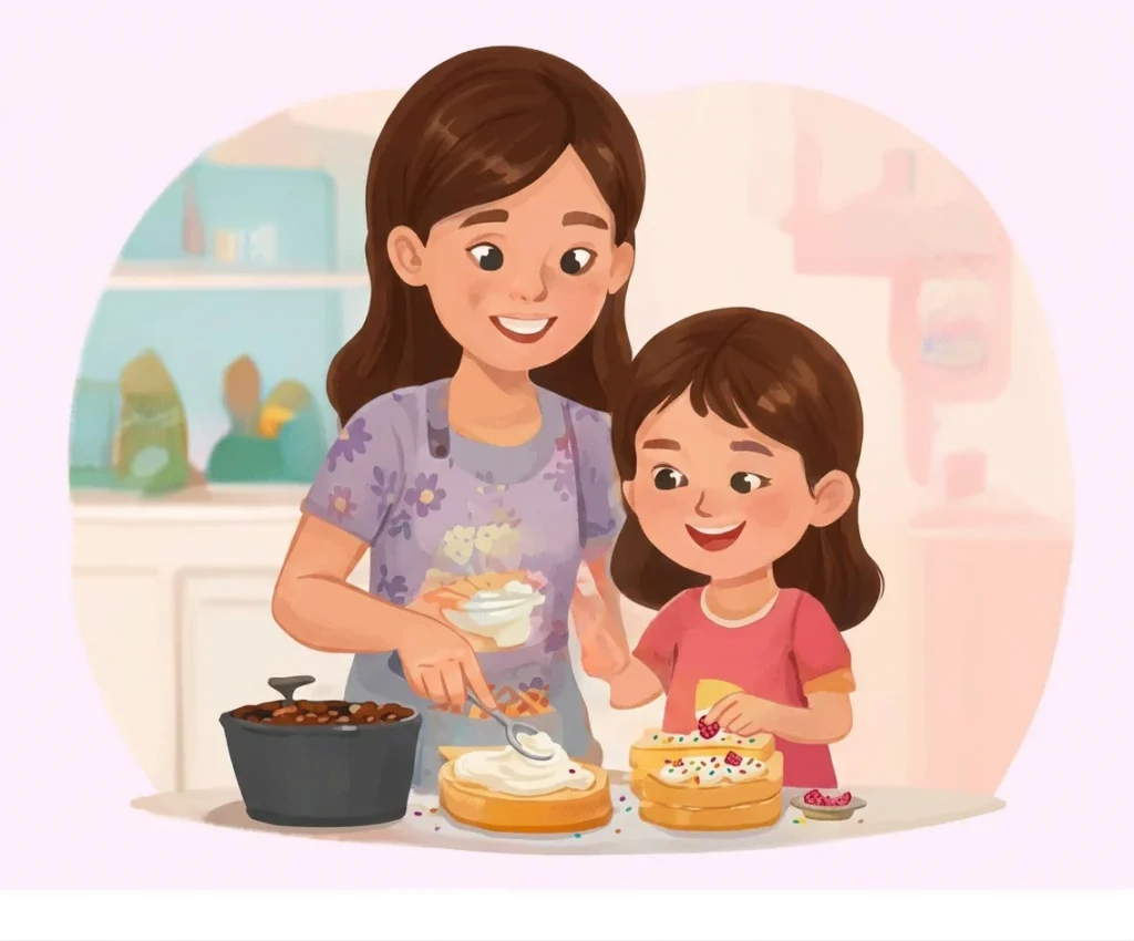 Animated mother and daughter happily preparing a healthy meal together in the kitchen.