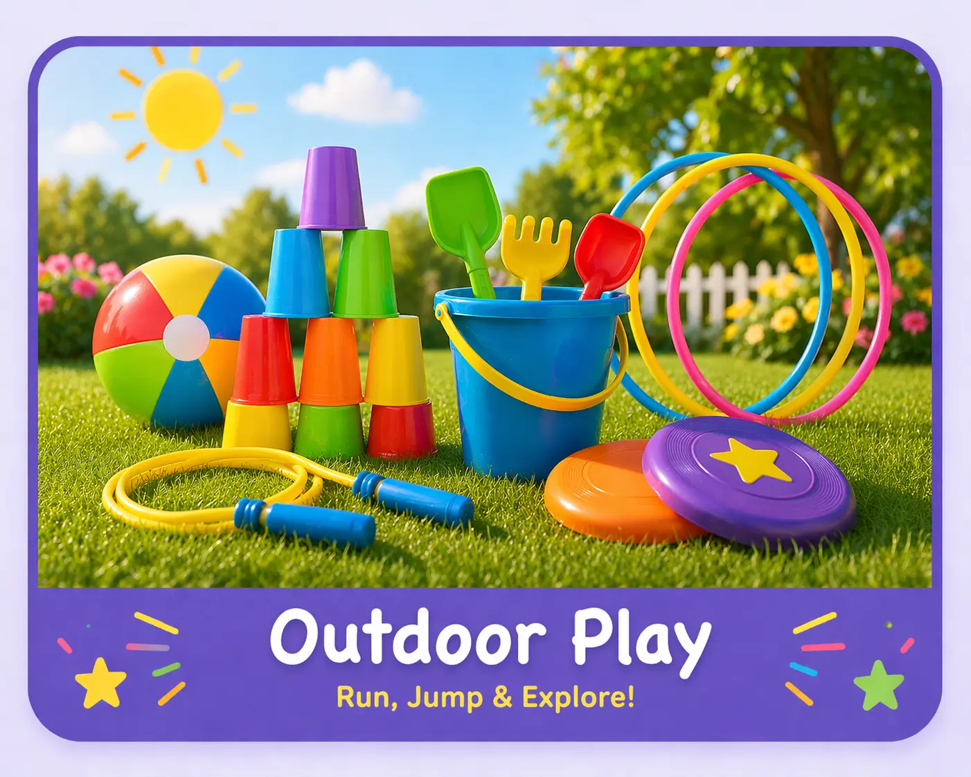 Outdoor play activities for kids with colorful toys, ball, rings and garden play setup