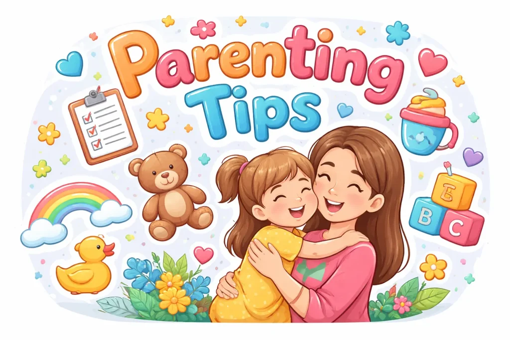 Colorful cartoon illustration of a happy mother and young daughter hugging, surrounded by parenting icons like a checklist, teddy bear, rainbow, and building blocks.