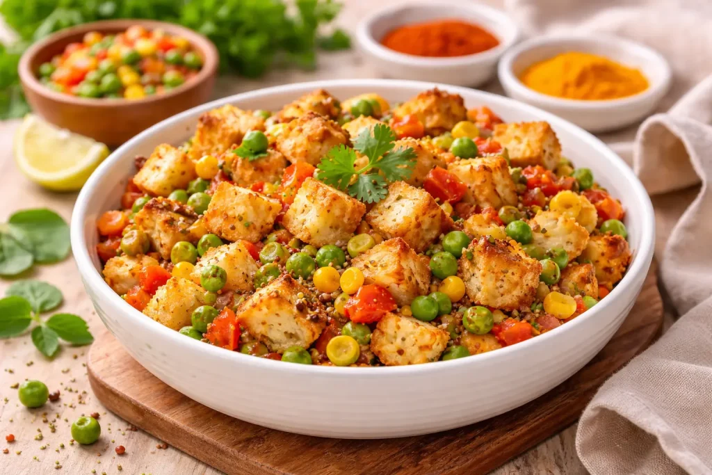 A white bowl of savory vegetable upma garnished with fresh cilantro, mixed with peas, carrots, corn, and toasted bread, served on a wooden board.