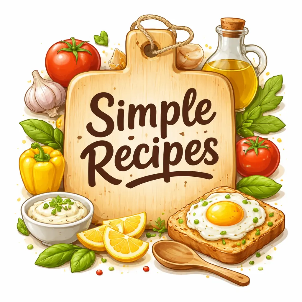 Simple recipes with healthy ingredients like vegetables, eggs, olive oil, and toast on wooden board