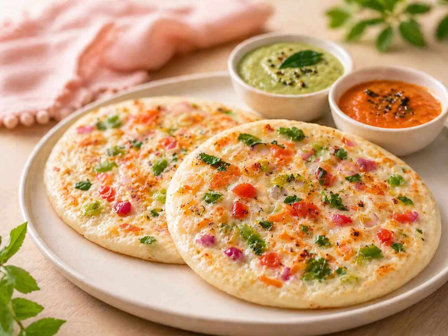 Soft and fluffy suji uttapam topped with colorful vegetables served with chutneys on a plate.