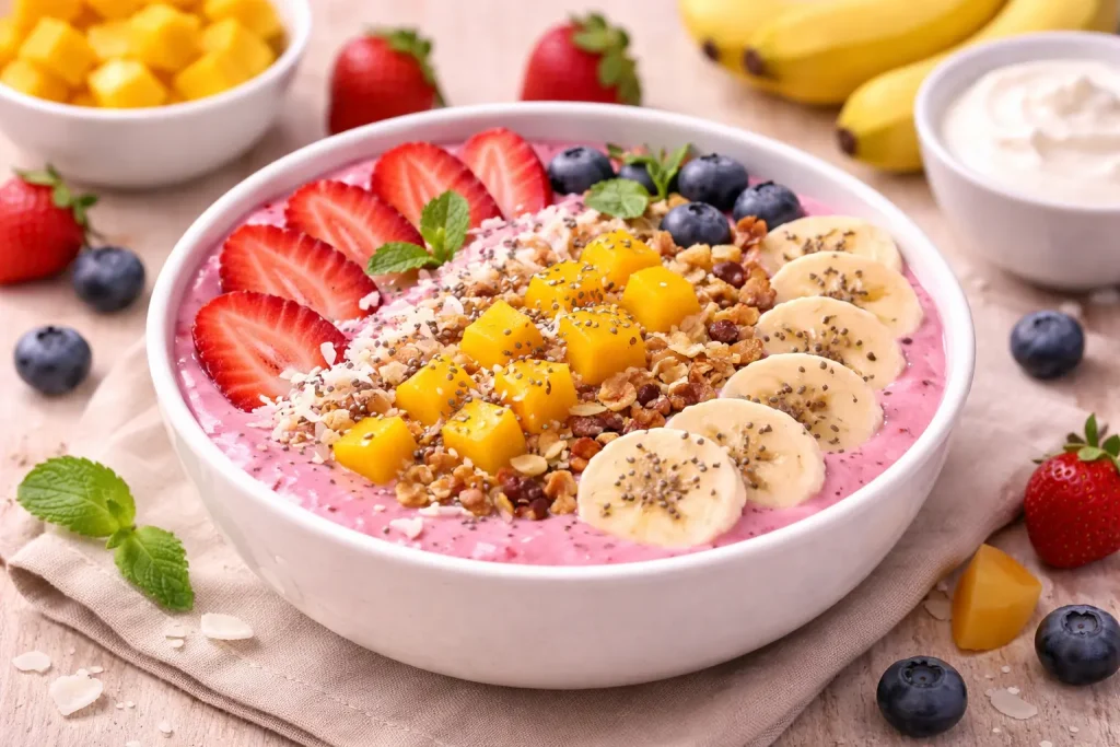 Vibrant pink smoothie bowl topped with sliced strawberries, bananas, mango cubes, blueberries, and chia seeds on a rustic wooden table.
