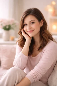 Close-up portrait of a smiling young woman with wavy brown hair, wearing a soft pink long-sleeved shirt, sitting comfortably on a sofa in a brightly lit room.