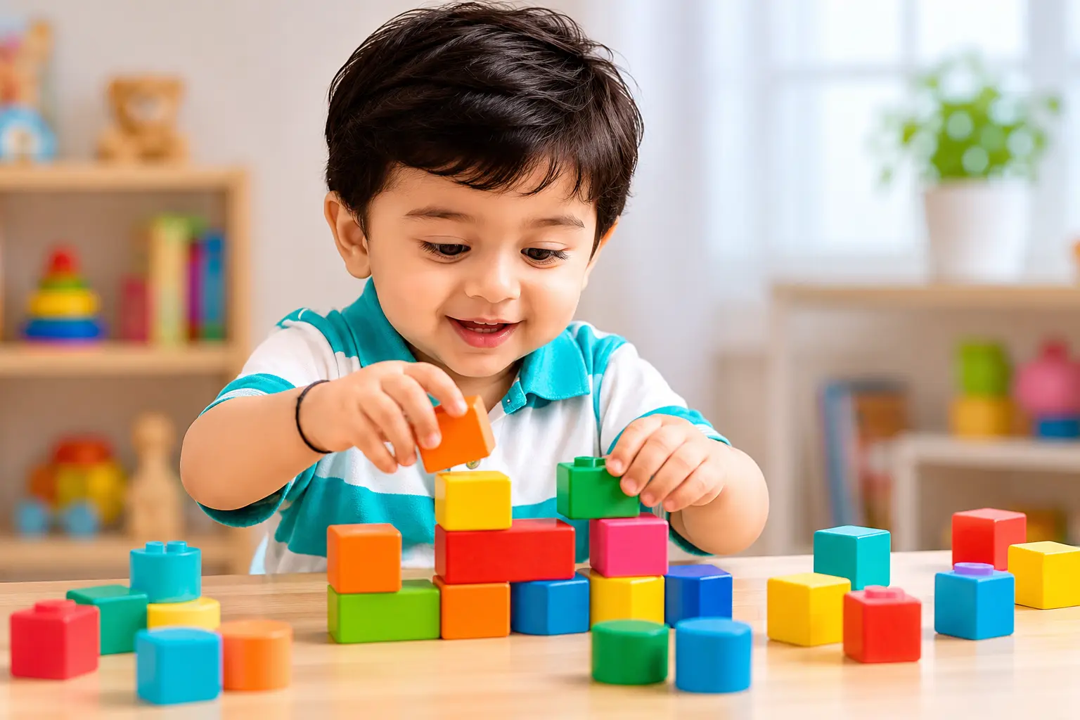 Cute Indian baby with fair skin playing with colorful building blocks on a table in a bright indoor playroom.