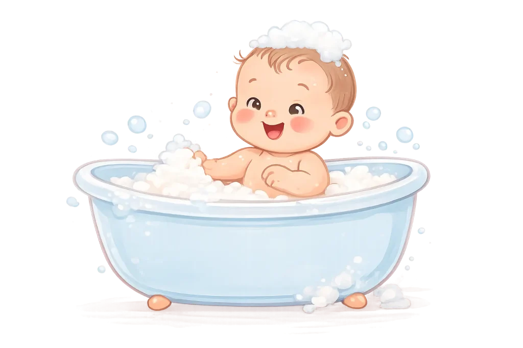 Happy baby enjoying bath time in a blue bathtub with soap bubbles