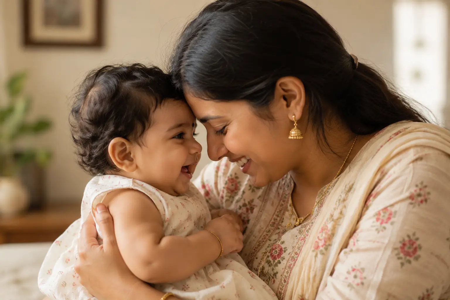 Cute Indian mother and baby smiling while touching foreheads and sharing a loving bonding moment indoors.
