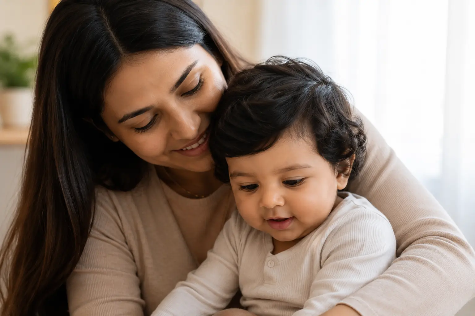 Indian mother gently hugging her cute baby while spending quality time together indoors.