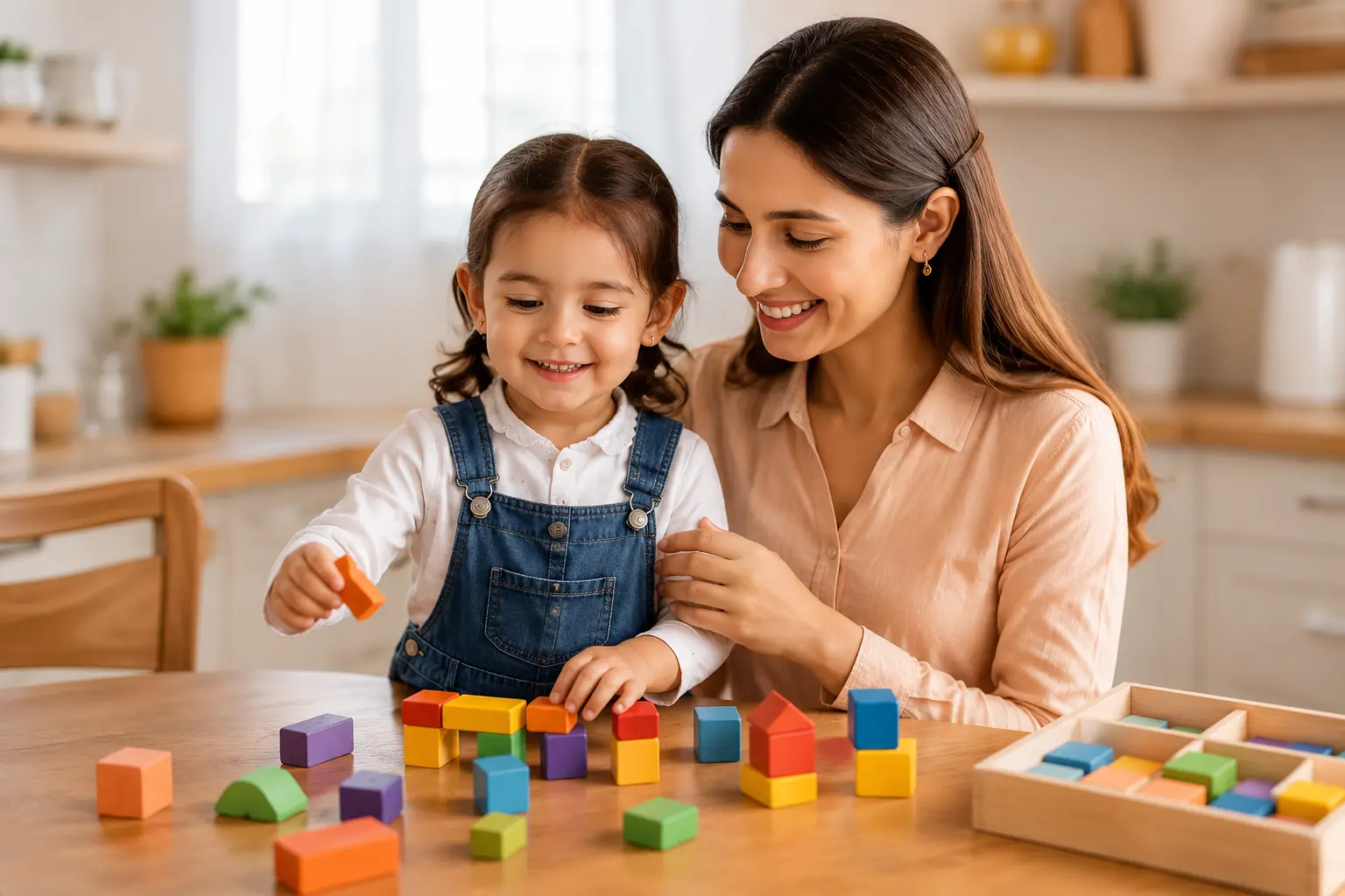 Indian mother and smiling baby playing with colorful stacking toys on a soft carpet in a cozy living room.