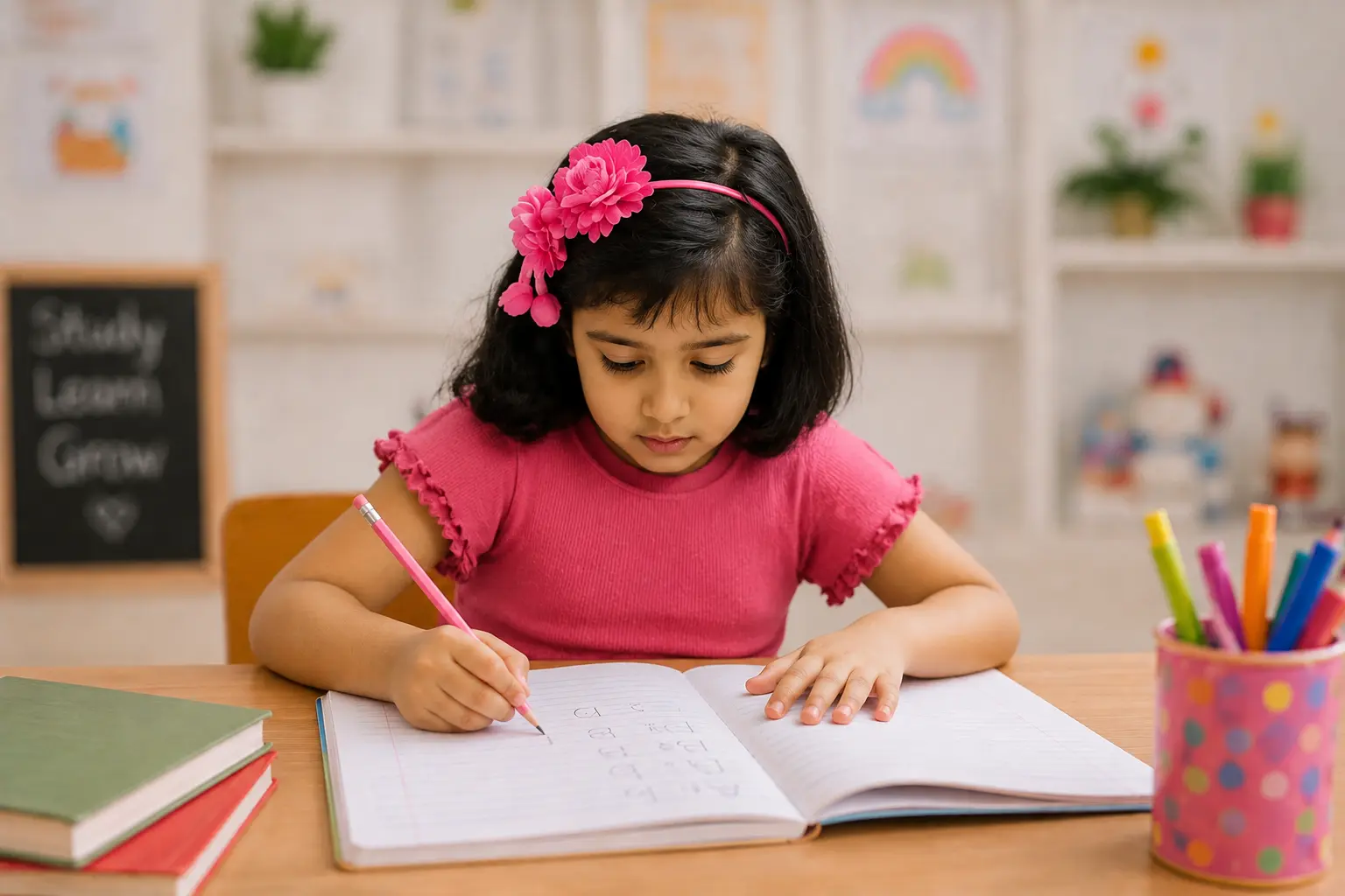 Cute Indian baby girl writing in a notebook at a study desk with colorful stationery and books in a bright learning environment.