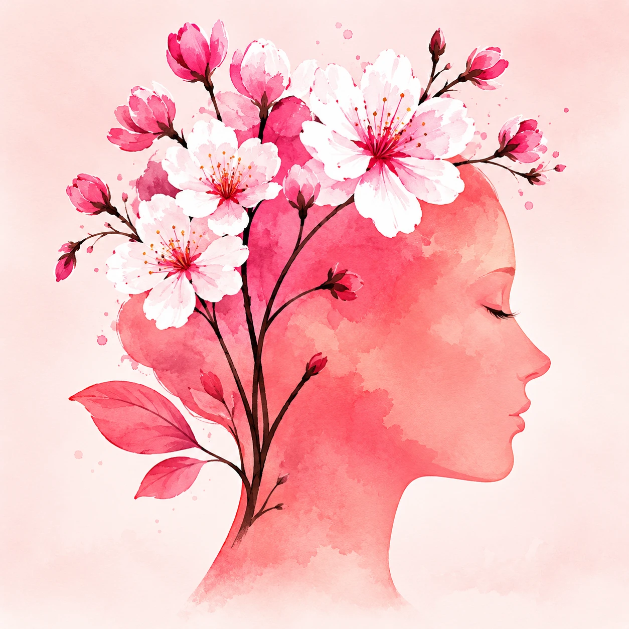 Feminine wellness icon featuring a floral profile illustration in pastel pink tones on a light background.