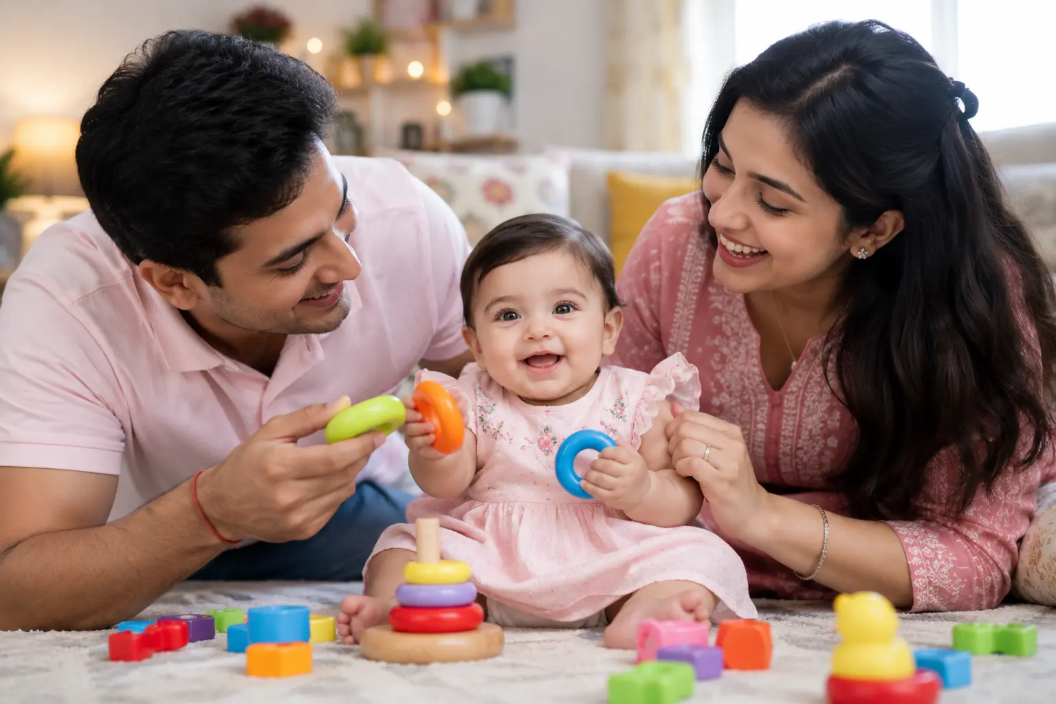 Smiling Indian mother and father playing with their cute baby girl on the floor with colorful toys in a cozy home setting.