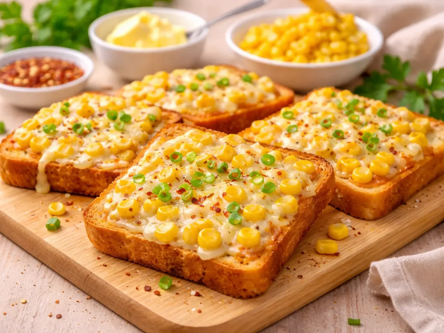 Cheese corn toast recipe with melted cheese, sweet corn, and herbs served on crispy bread slices